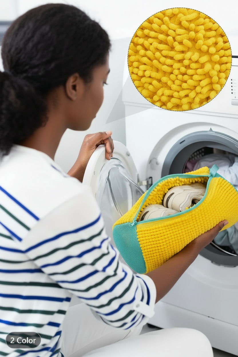 African American Woman with Yellow and Teal Shoe Wash Bag