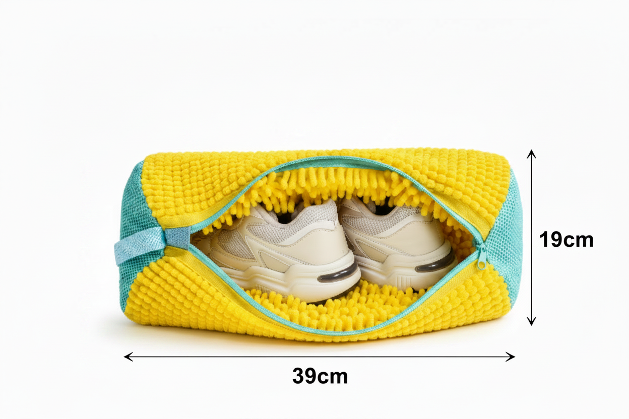Chenille shoe wash bag with dimension lines showing 39cm length and 19cm width