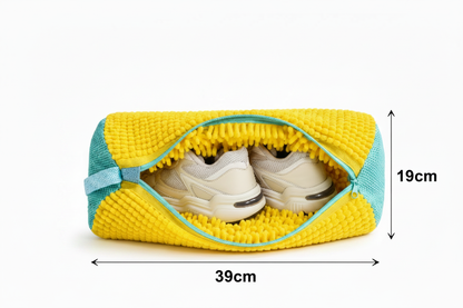 Chenille shoe wash bag with dimension lines showing 39cm length and 19cm width